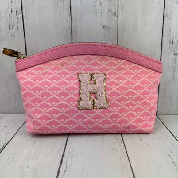 J. McLaughlin Pink Initial "H" Makeup Bag Gold Leather Zipper - Picture 1 of 14
